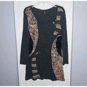 Sacred Threads Sweater Dress L Mixed Media Patchwork Boho Lagenlook Art To Wear